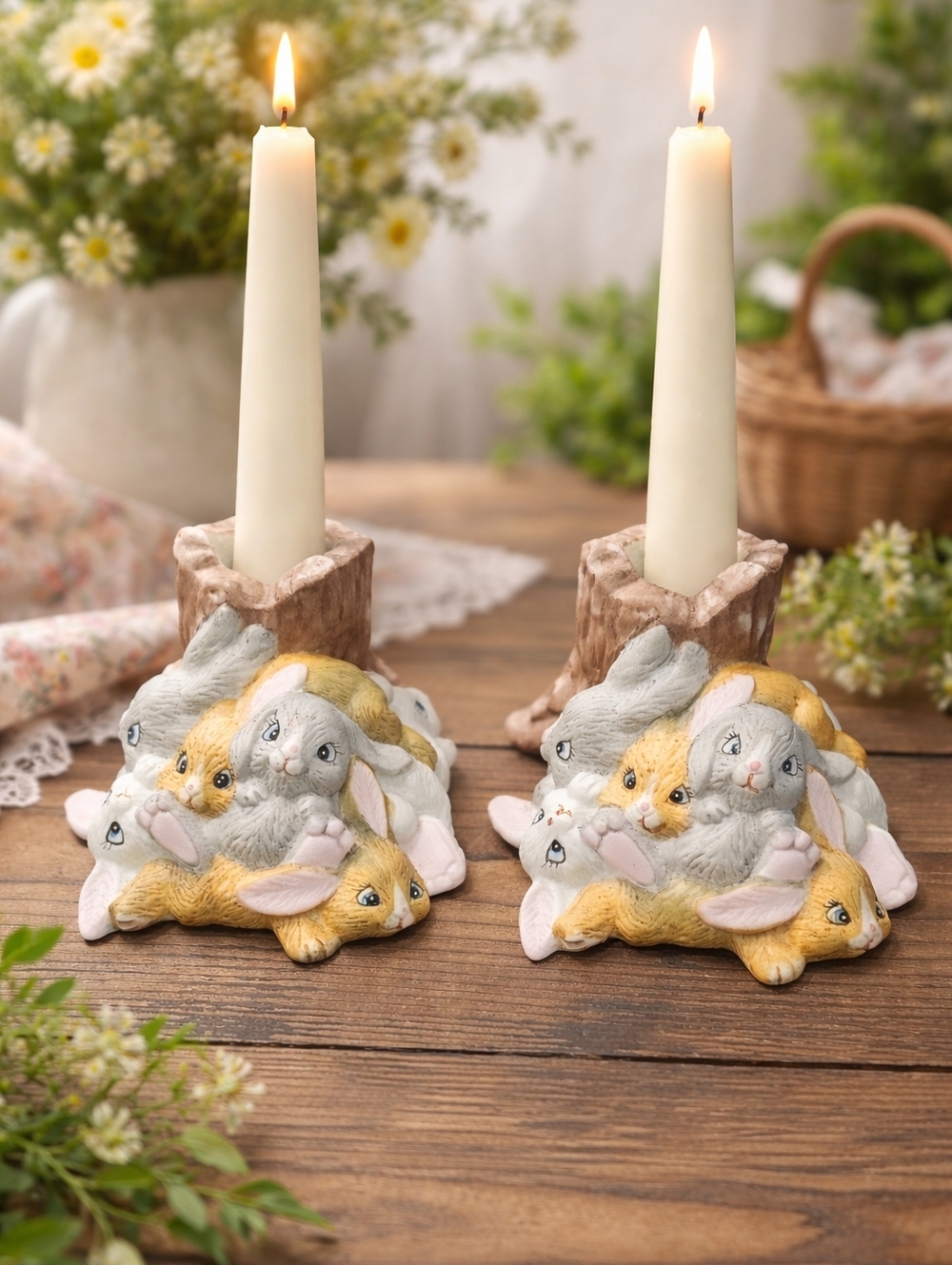 Vintage Bunny Rabbit Candlestick Holders Pair Cottagecore Spring Decor Ceramic